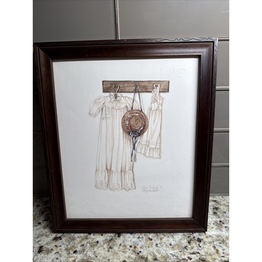 Gay Talbott 1987 Print of Hanging Nightgown, Hat and Slip Signed Matted Framed